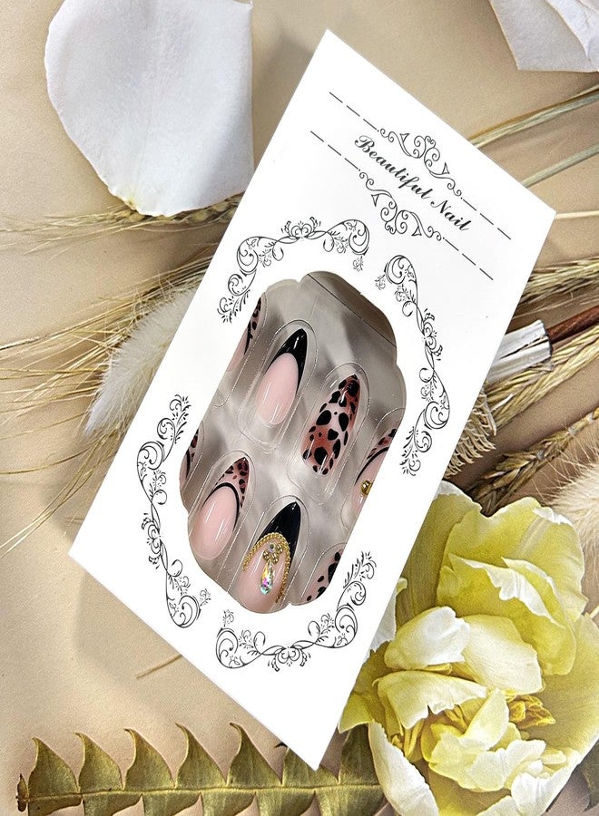 TBRZTR Press on Nails Medium Artificial Almond Acrylic False Nails French Leopard Print Tip 3D Gold Beads Design Stick on Nail Full Cover Reusable Coffin Artificial Fingernails for Women Manicure - Image 4